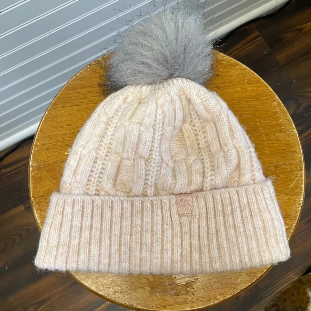 Calvin Klein Faux Fur Pom Pom Cable Knit Lined Beanie